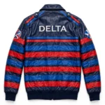 Lancia Delta Leather Jacket back view — navy with blue and red stripes rally champion jacket with back embroidery and sponsor-style patches