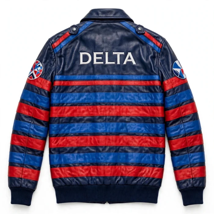 Lancia Delta Leather Jacket back view — navy with blue and red stripes rally champion jacket with back embroidery and sponsor-style patches