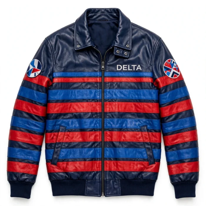 Lancia Delta Leather Jacket | Rally Champion Cruiser | Blackstone Jackets - Front View Lancia Delta Leather Jacket front view — navy with blue and red stripes rally champion jacket with chest embroidery and sponsor-style patches