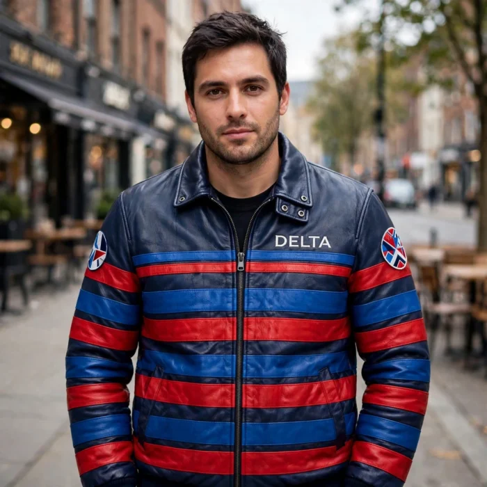 Lancia Delta Leather Jacket model view — front-facing model wearing the navy with blue and red stripes rally champion jacket with chest embroidery