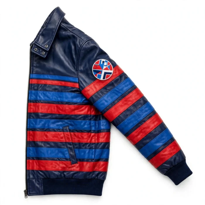 Lancia Delta Leather Jacket side view — navy with blue and red stripes rally champion jacket with sleeve embroidery