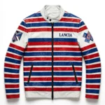 Lancia Leather Jacket front view — white with blue and red stripes rally cruiser jacket with chest embroidery and sponsor-style patches