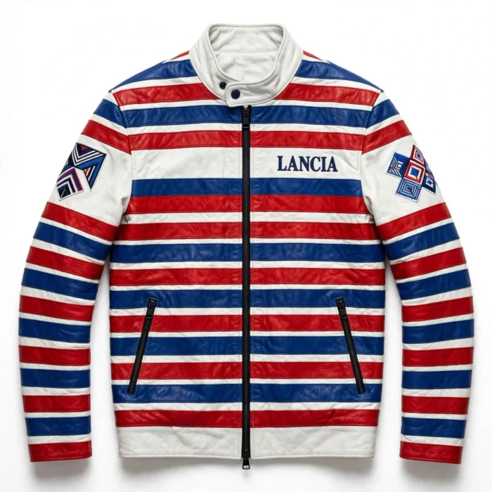Lancia Leather Jacket | Rally Legend Cruiser | Blackstone Jackets - Front View Lancia Leather Jacket front view — white with blue and red stripes rally cruiser jacket with chest embroidery and sponsor-style patches