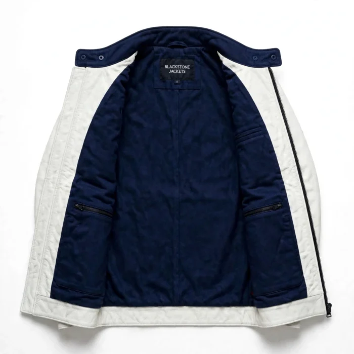 Lancia Leather Jacket inner view — plain lining with inside pockets and Blackstone Jackets neck label