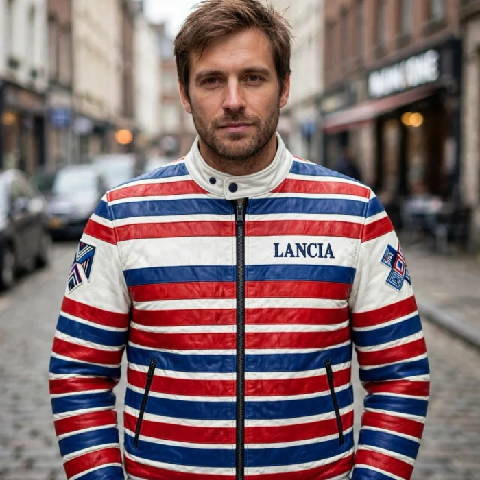 Lancia Leather Jacket model view — front-facing model wearing the white with blue and red stripes rally cruiser jacket with chest embroidery