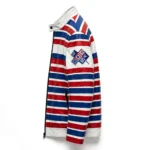 Lancia Leather Jacket side view — white with blue and red stripes rally cruiser jacket with sleeve embroidery