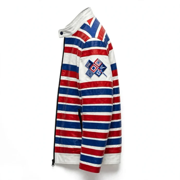 Lancia Leather Jacket side view — white with blue and red stripes rally cruiser jacket with sleeve embroidery