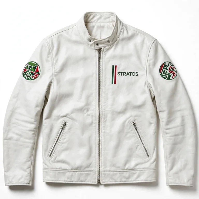 Lancia Stratos Leather Jacket front view — white with green and red stripes rally wedge jacket with chest embroidery and sponsor-style patches