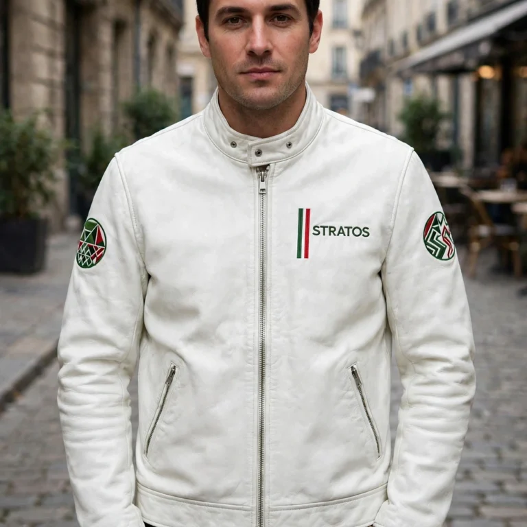 Lancia Stratos Leather Jacket model view — front-facing model wearing the white with green and red stripes rally wedge jacket with chest embroidery