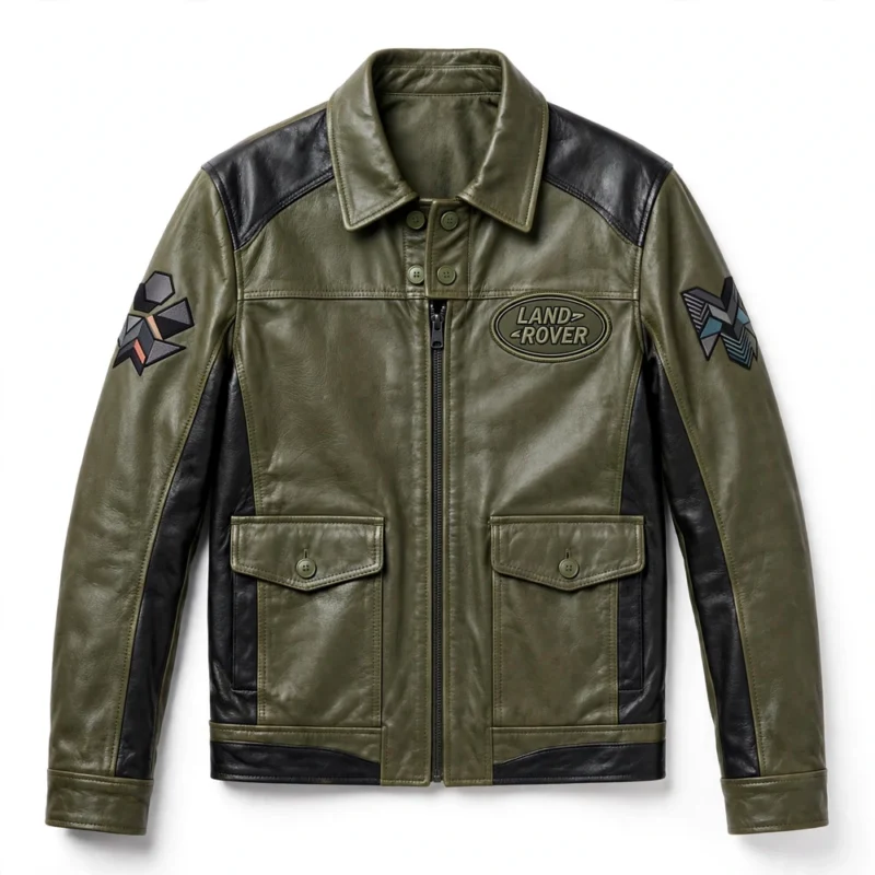 Land Rover Leather Jacket front view, olive green with black panels trucker jacket, LAND ROVER wordmark embroidered on the left chest with an oval-style emblem motif