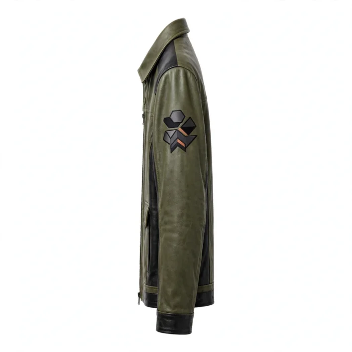 Land Rover Leather Jacket side view, olive green with black panels trucker jacket with shirt-style collar
