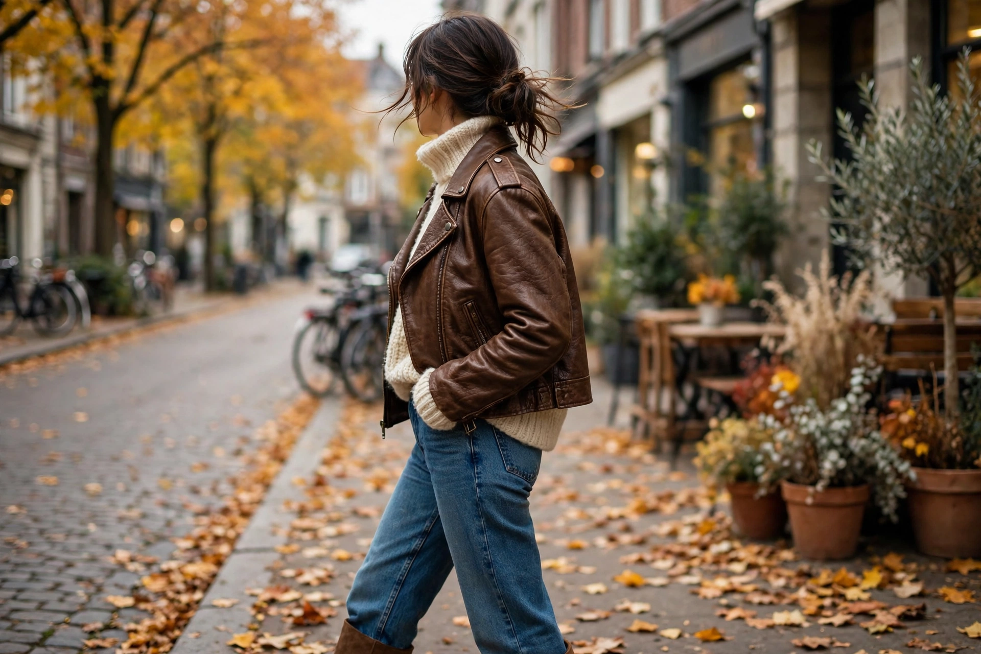 Woman styling a brown leather cafe racer jacket with a cream knit and denim jeans