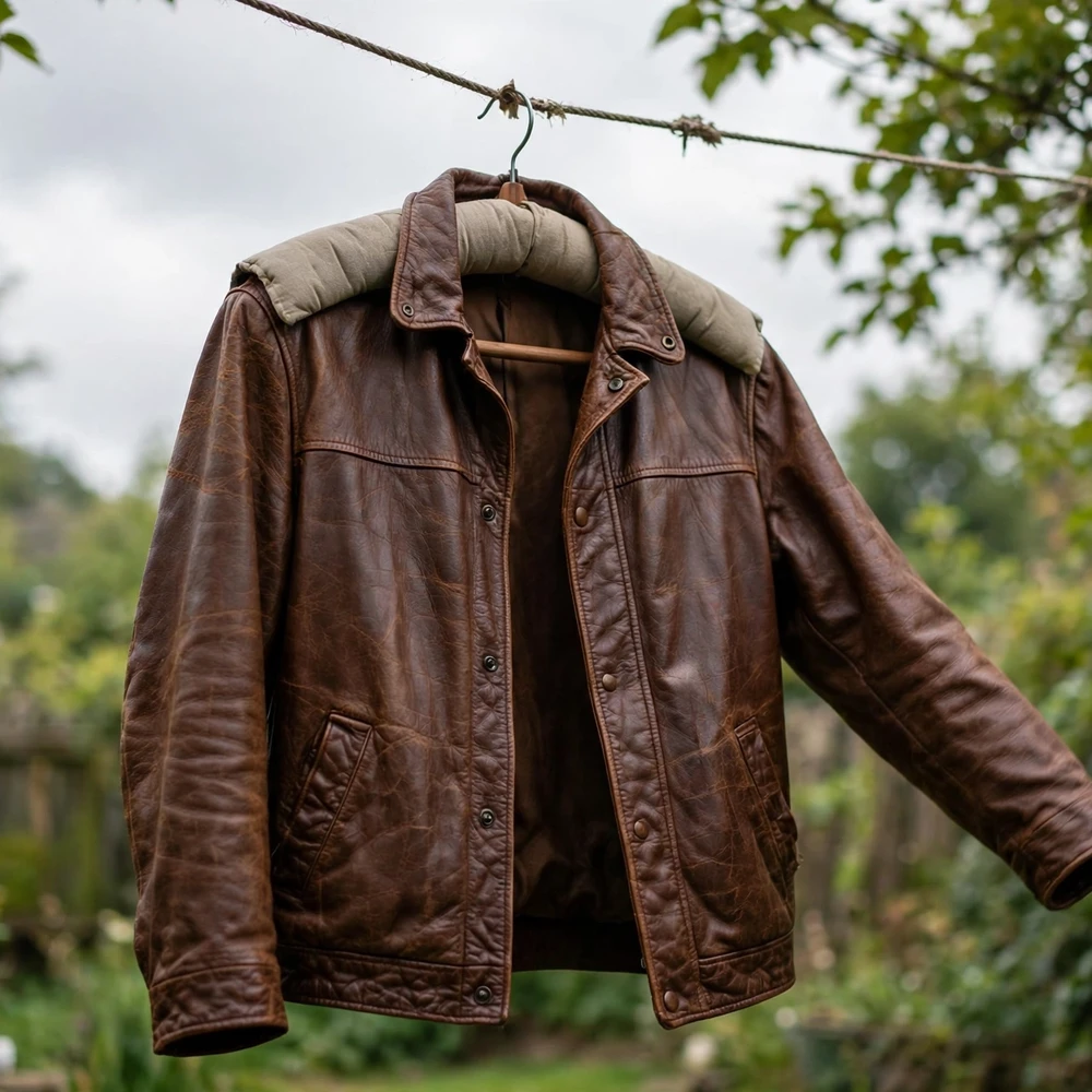 Leather jacket airing outdoors on a padded hanger in fresh air