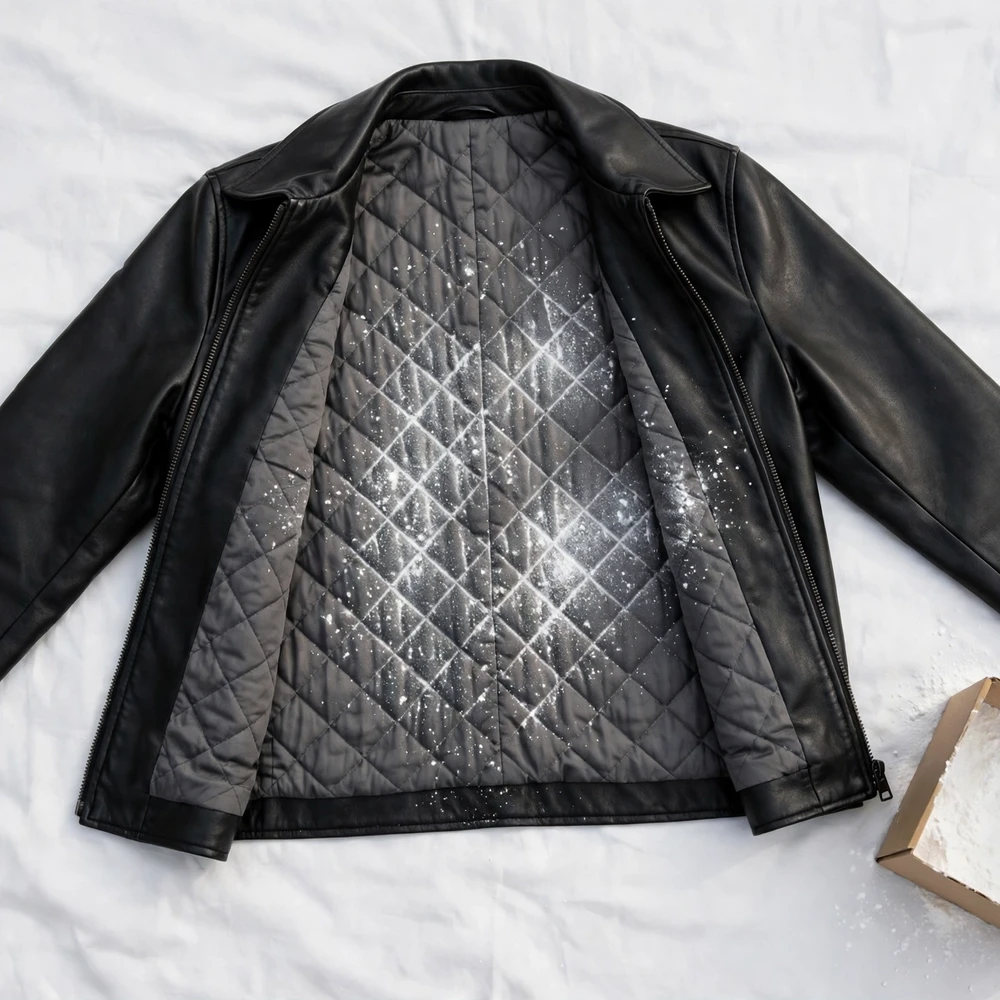 Baking soda sprinkled over the quilted lining of a leather jacket