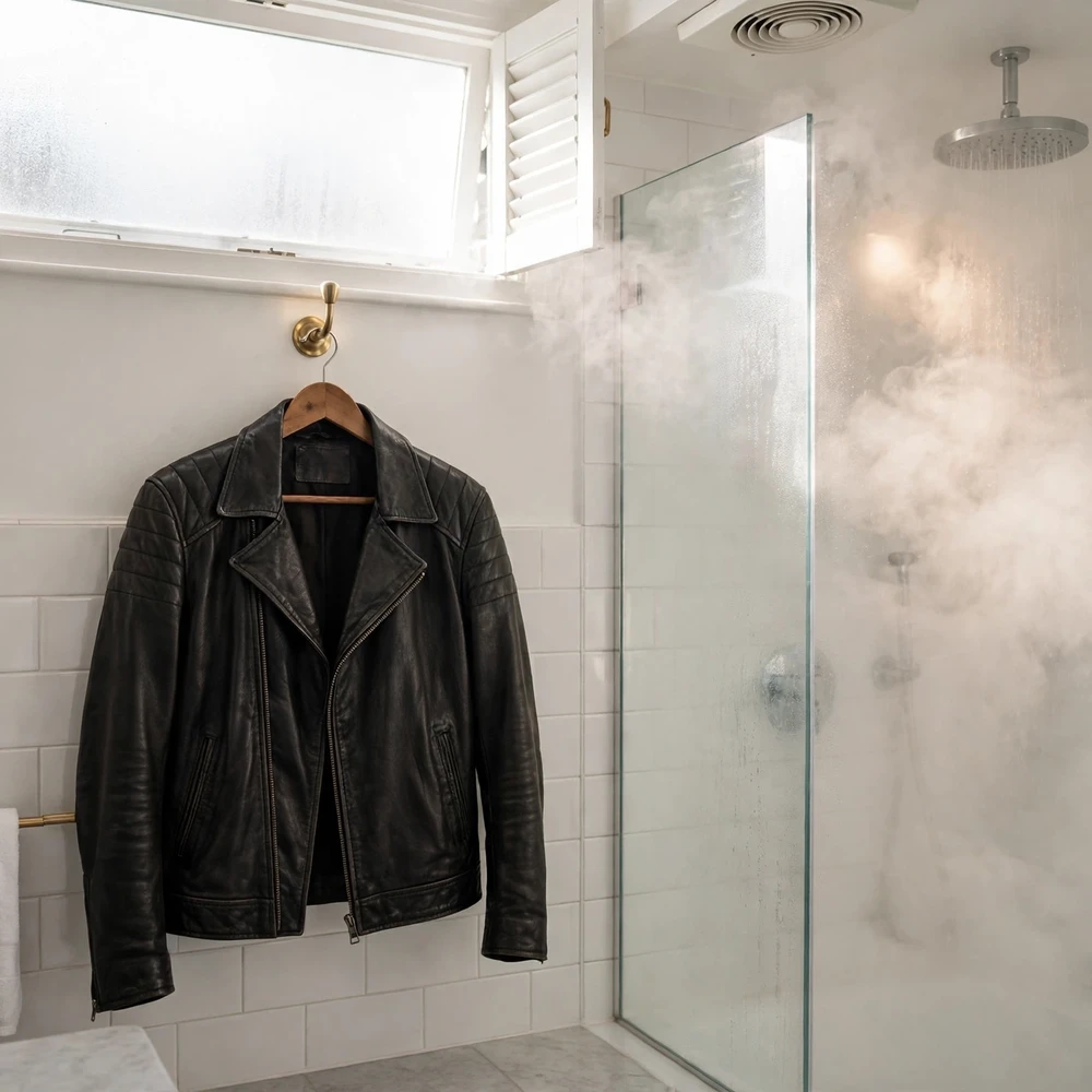 Leather jacket hanging in a steamy bathroom for a steam refresh