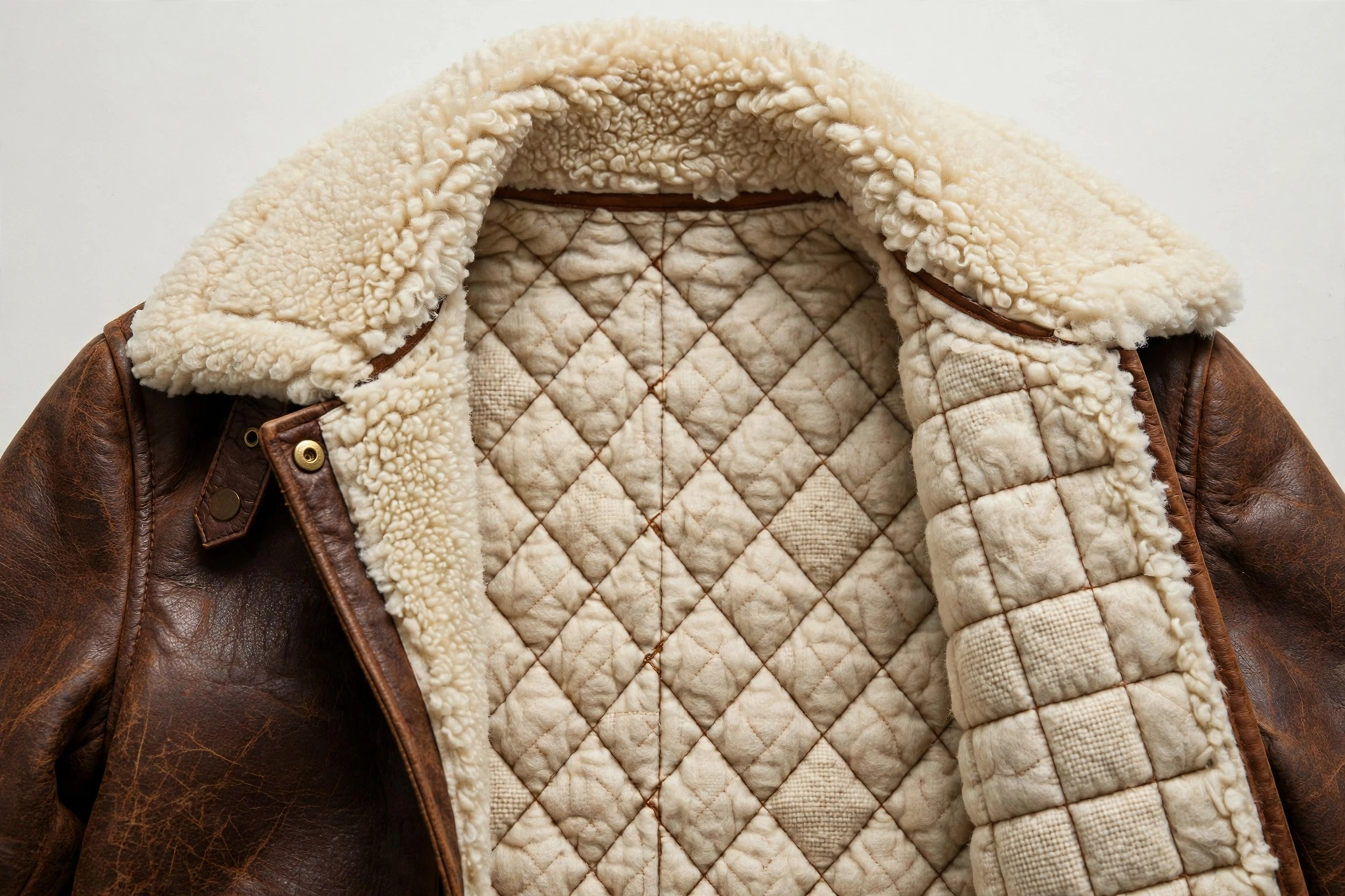 Close-up of a brown leather jacket with a cream shearling collar and quilted lining