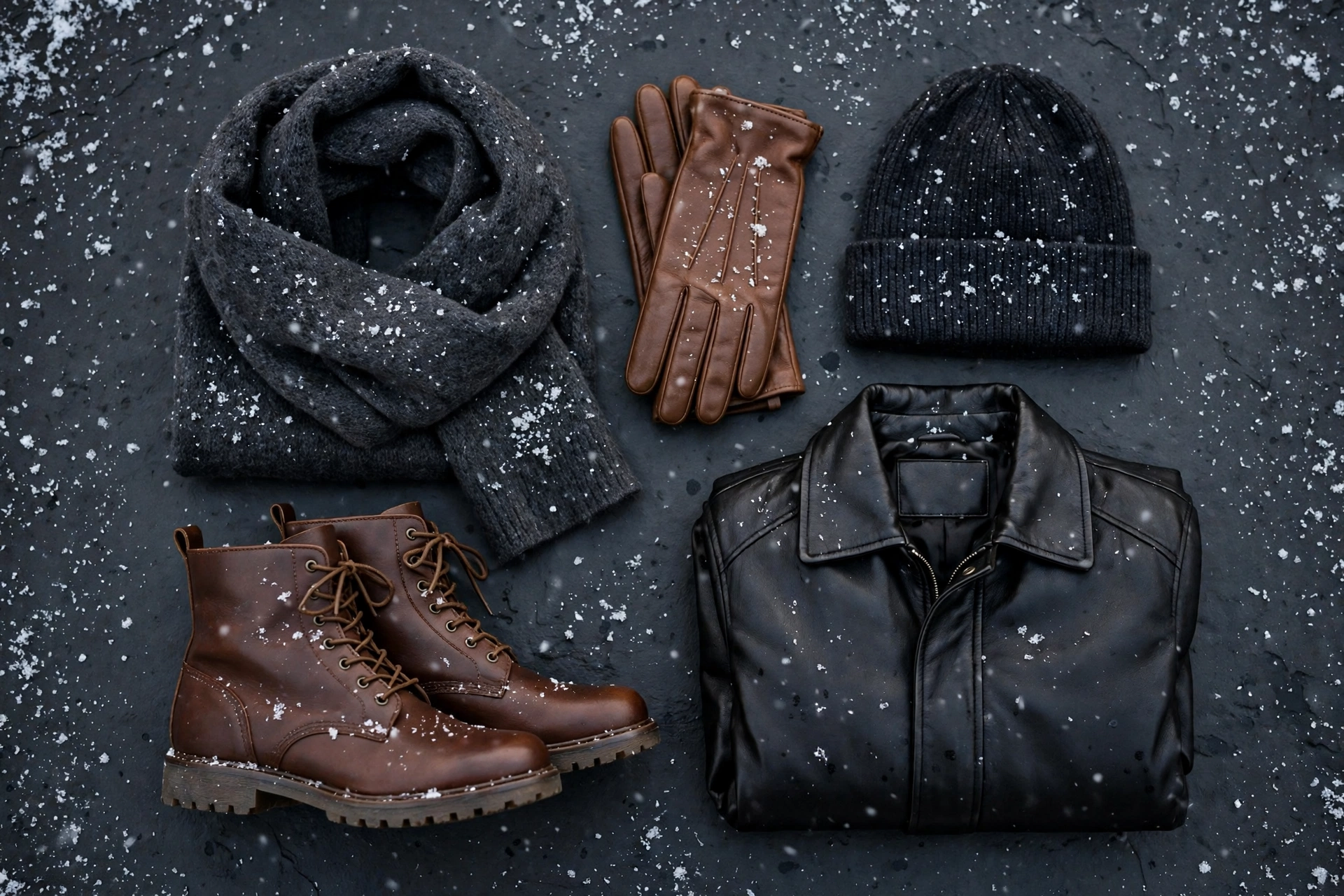 Winter accessories for a leather jacket outfit: wool scarf, leather gloves, beanie and leather boots laid out with a black leather jacket