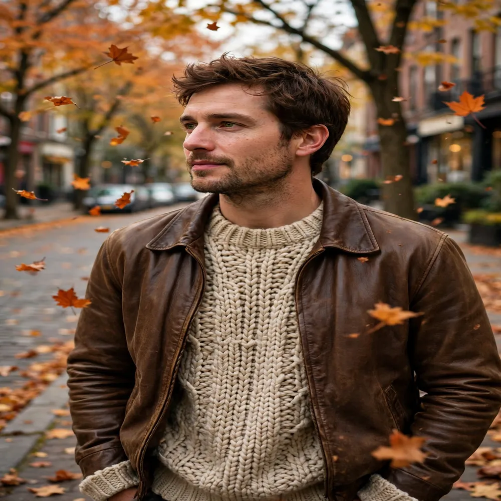Man layering a brown leather jacket over a sweater on an autumn street with falling leaves