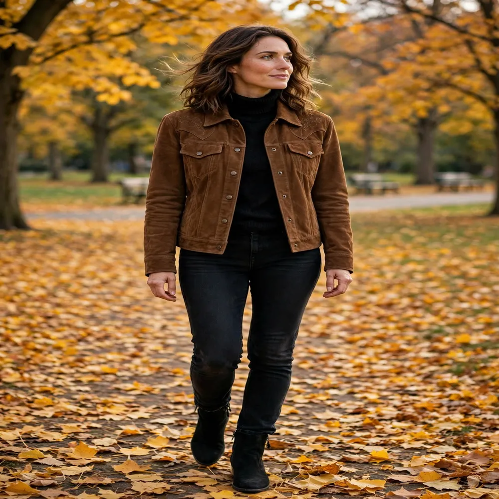 Woman wearing a brown suede western leather jacket over a turtleneck with dark jeans in autumn
