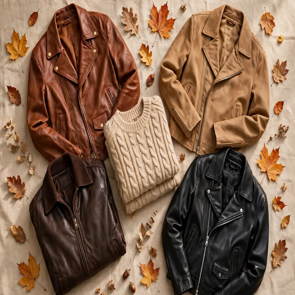 Brown, cognac and black leather jackets in autumn colours with knitwear layering