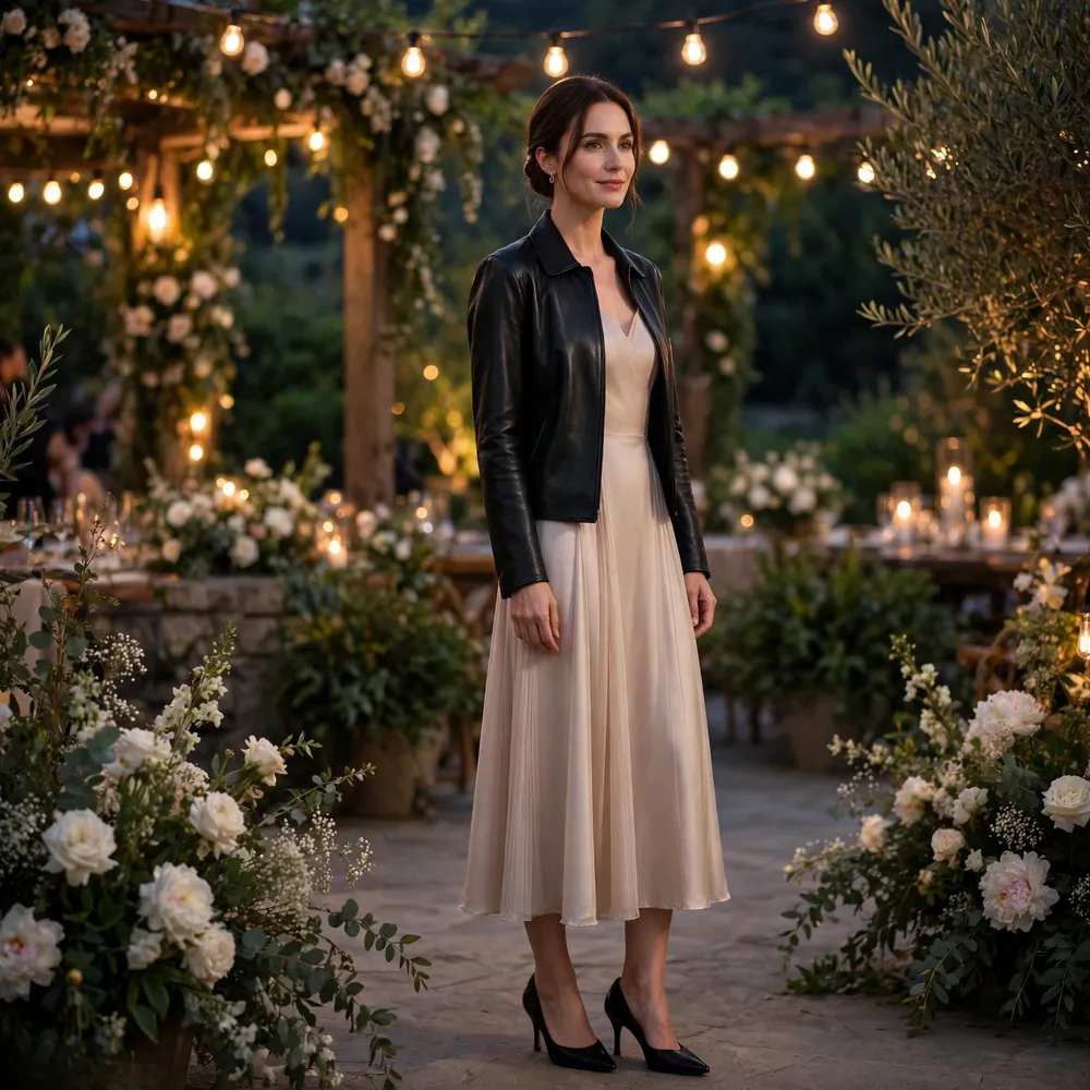 Woman wedding guest wearing a black leather jacket over a midi cocktail dress at an evening wedding