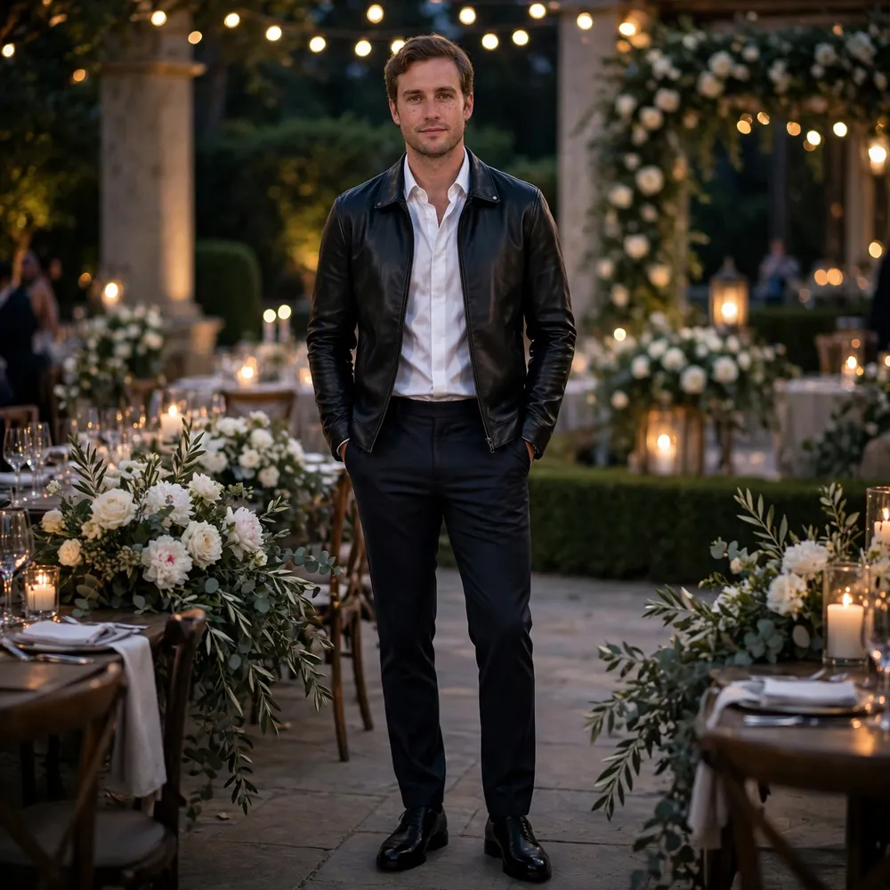 Man wedding guest wearing a minimal black cafe racer leather jacket with a white dress shirt and tailored trousers