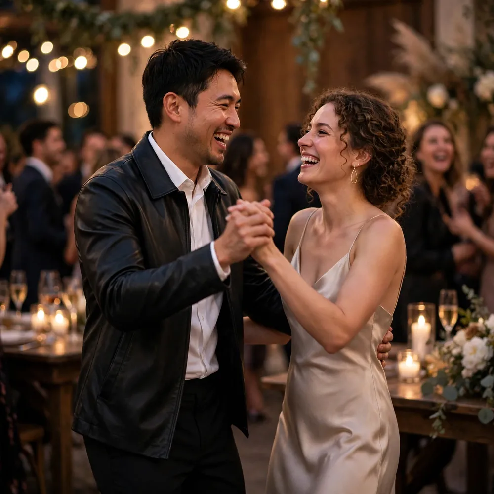 Groom in a black leather jacket dancing with his partner at an evening wedding reception