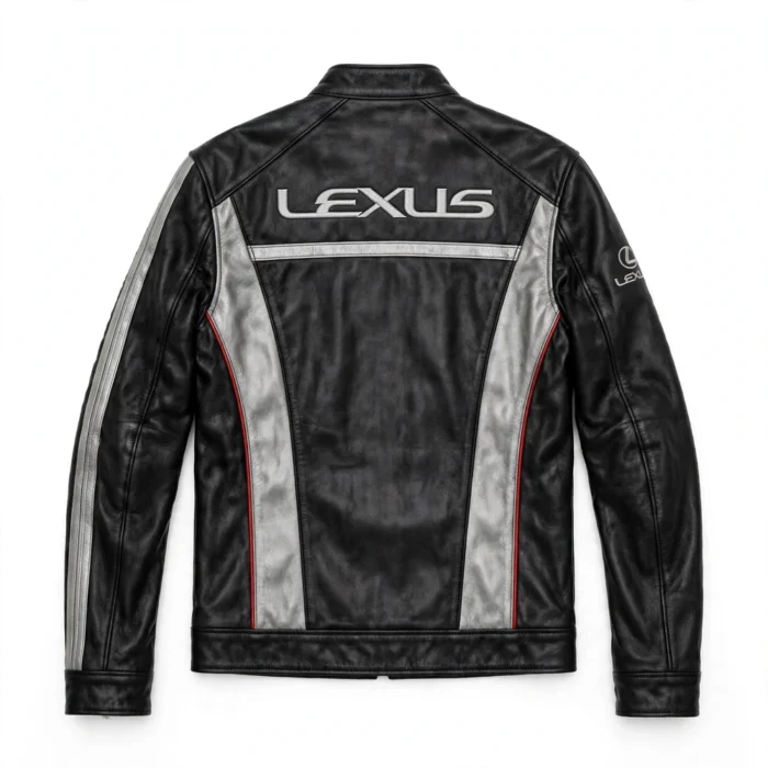 Lexus Leather Jacket back view, black with silver-grey panels and red trim racer jacket