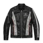 Lexus Leather Jacket front view, black with silver-grey panels and red trim racer jacket