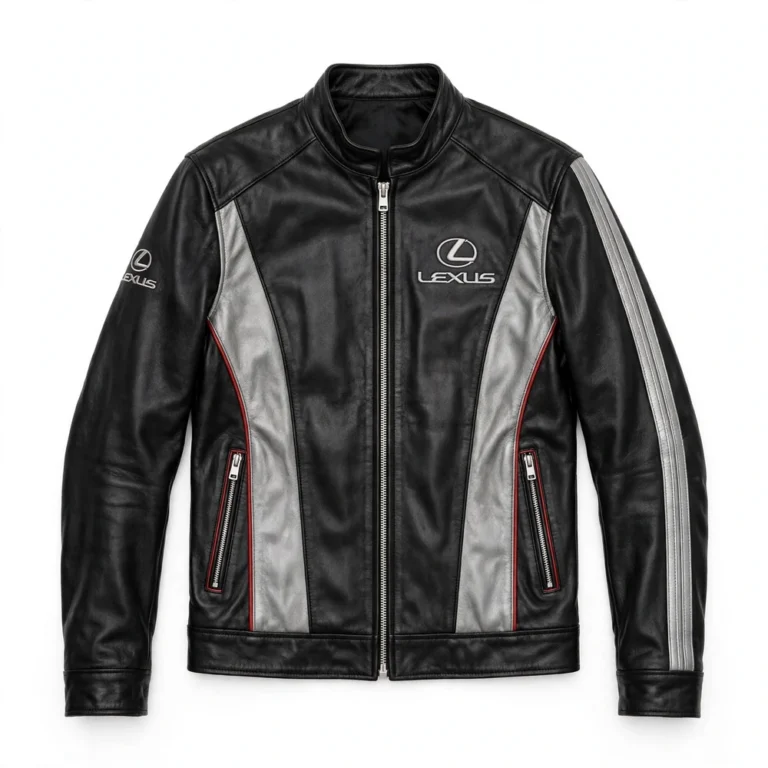 Lexus Leather Jacket front view, black with silver-grey panels and red trim racer jacket