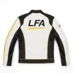 Lexus LFA Leather Jacket back view, pearl white with black panels and yellow trim racer jacket