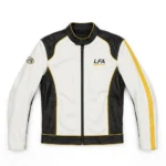 Lexus LFA Leather Jacket front view, pearl white with black panels and yellow trim racer jacket
