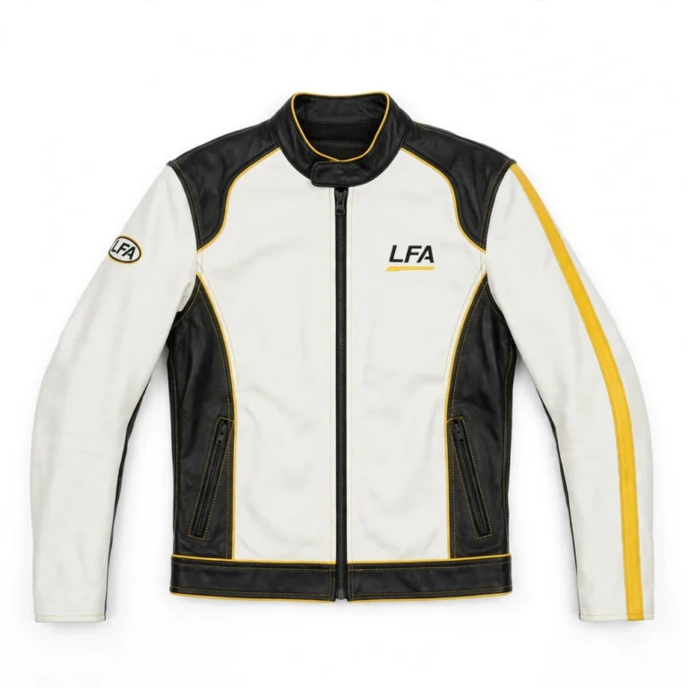 Lexus LFA Leather Jacket front view, pearl white with black panels and yellow trim racer jacket