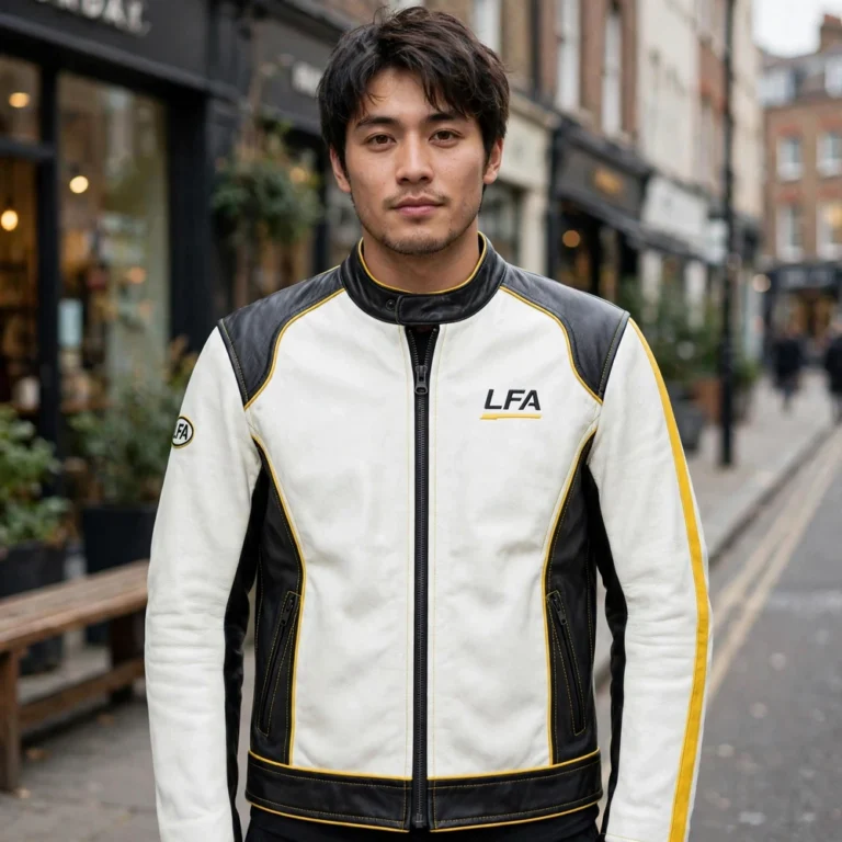 Model wearing the Lexus LFA Leather Jacket, pearl white with black panels and yellow trim racer jacket