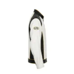 Lexus LFA Leather Jacket side view, pearl white with black panels and yellow trim racer jacket