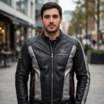 Model wearing the Lexus Leather Jacket, black with silver-grey panels and red trim racer jacket