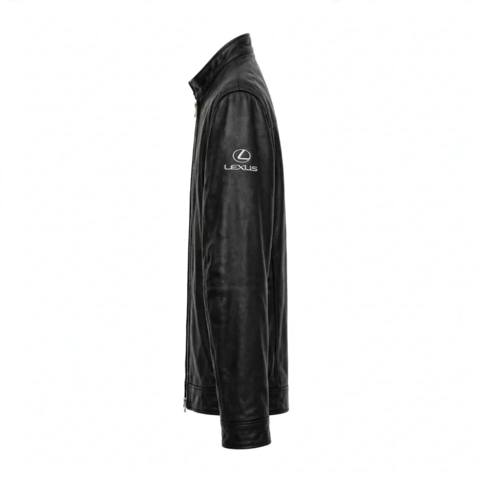 Lexus Leather Jacket side view, black with silver-grey panels and red trim racer jacket