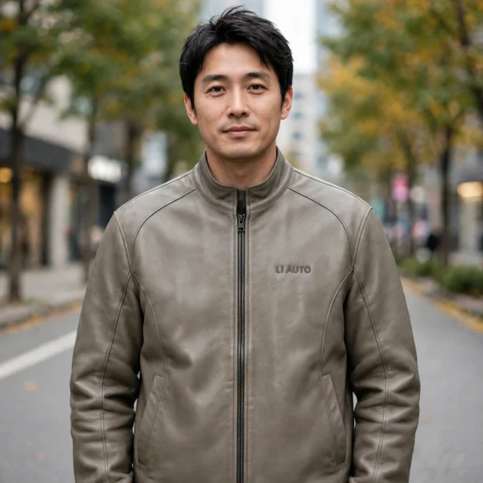 Person wearing the Li Auto Leather Jacket outdoors, front-facing, showing small dark-grey 'li auto' wordmark embroidered on the left chest