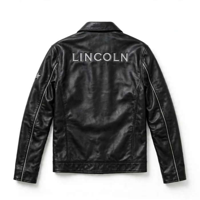 Lincoln Leather Jacket back view, jet black with silver star-style chest emblem cruiser jacket