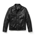 Lincoln Leather Jacket front view, jet black with silver star-style chest emblem cruiser jacket