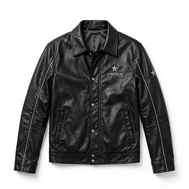 Lincoln Leather Jacket front view, jet black with silver star-style chest emblem cruiser jacket