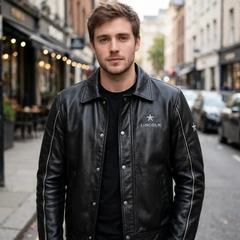 Model wearing the Lincoln Leather Jacket, jet black with silver star-style chest emblem cruiser jacket