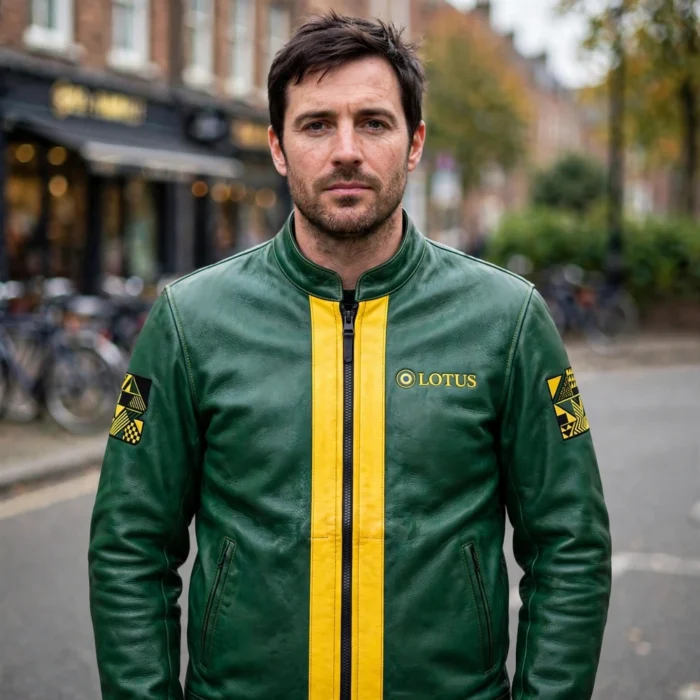 Man wearing the Lotus Leather Jacket outdoors, front-facing, showing the racing jacket and chest embroidery