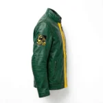 Lotus Leather Jacket side view, british racing green with a yellow centre stripe racing jacket with mandarin collar