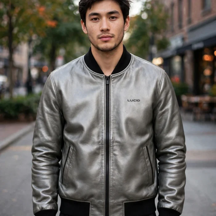 Model wearing the Lucid Leather Jacket, graphite-silver with black minimalist trim minimalist bomber jacket