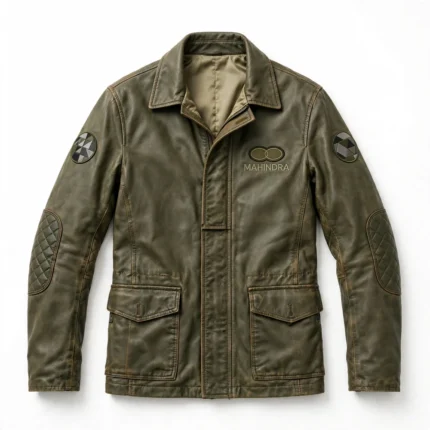 Mahindra Leather Jacket front view, olive green leather jacket with twin-oval emblem with 'mahindra' text embroidered on the left chest