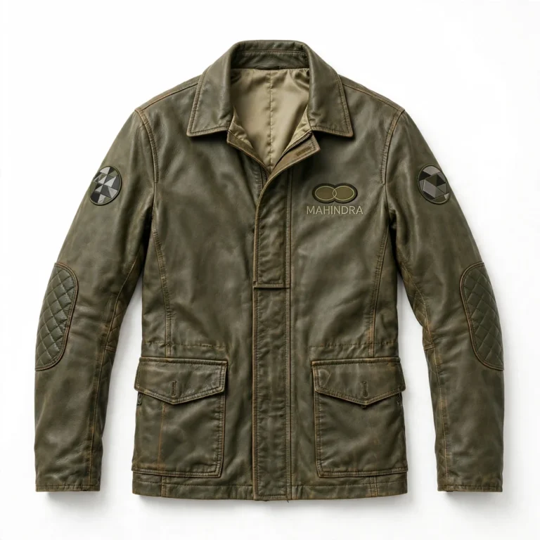 Mahindra Leather Jacket front view, olive green leather jacket with twin-oval emblem with 'mahindra' text embroidered on the left chest
