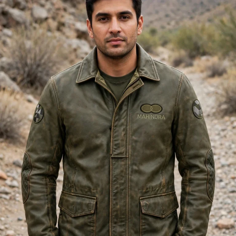 Person wearing the Mahindra Leather Jacket outdoors, front-facing, showing twin-oval emblem with 'mahindra' text embroidered on the left chest
