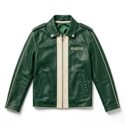 Marcos Leather Jacket front view, british racing green with a cream stripe heritage roadster jacket, MARCOS wordmark embroidered on the left chest