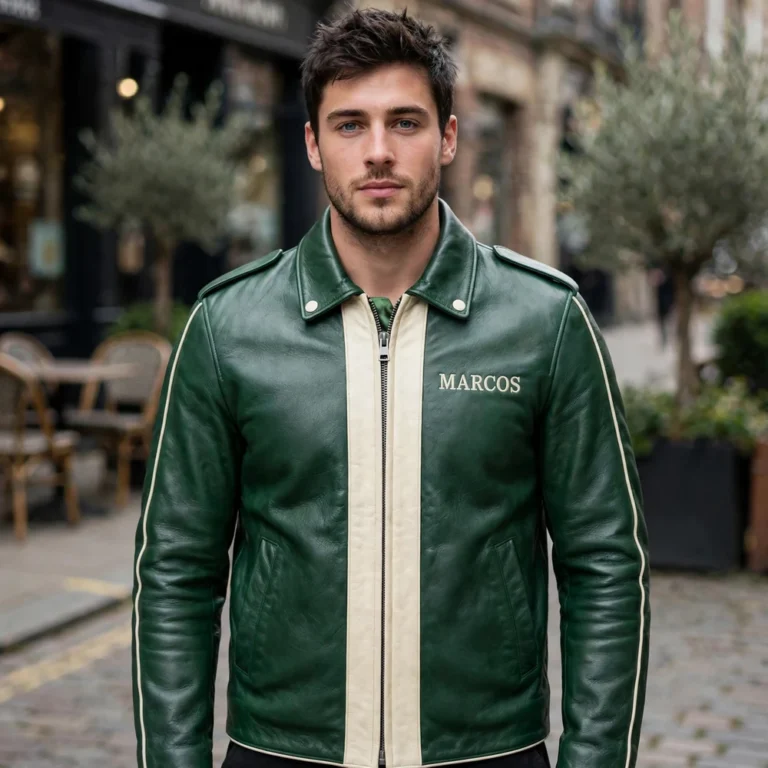 Man wearing the Marcos Leather Jacket outdoors, front-facing, showing the heritage roadster jacket and chest embroidery